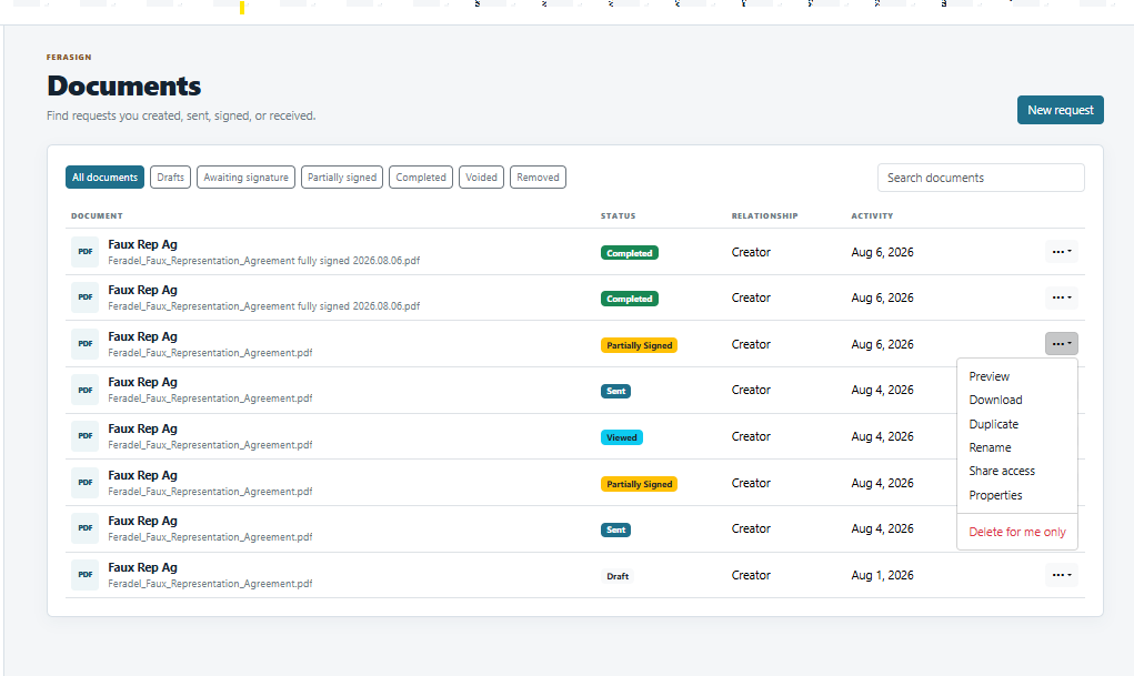 FeraSign document actions menu with Preview, Download, Duplicate, Rename, Share access, Properties, and Delete for me only