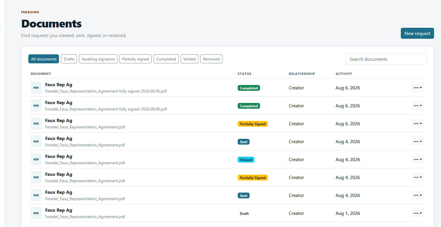 FeraSign Documents screen showing signature request statuses