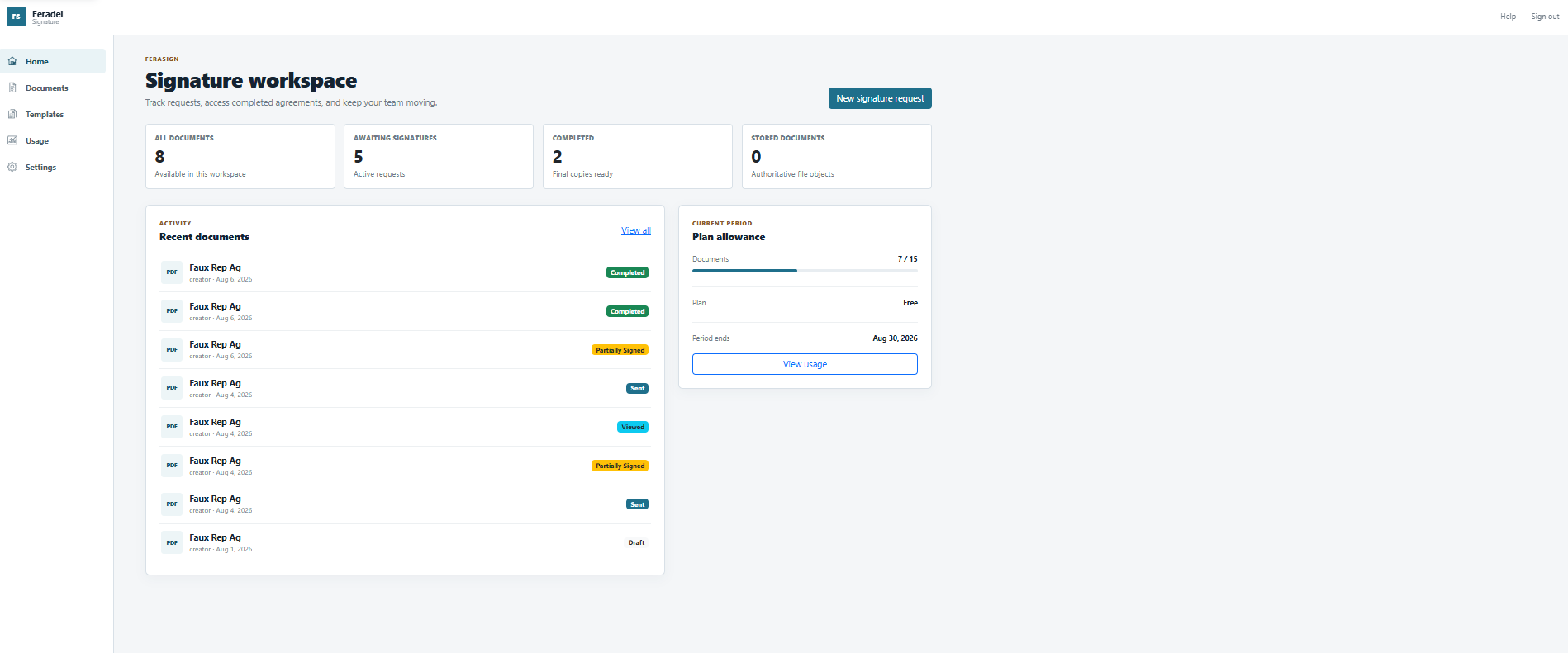 FeraSign Signature workspace dashboard showing document counts, recent requests, and plan allowance