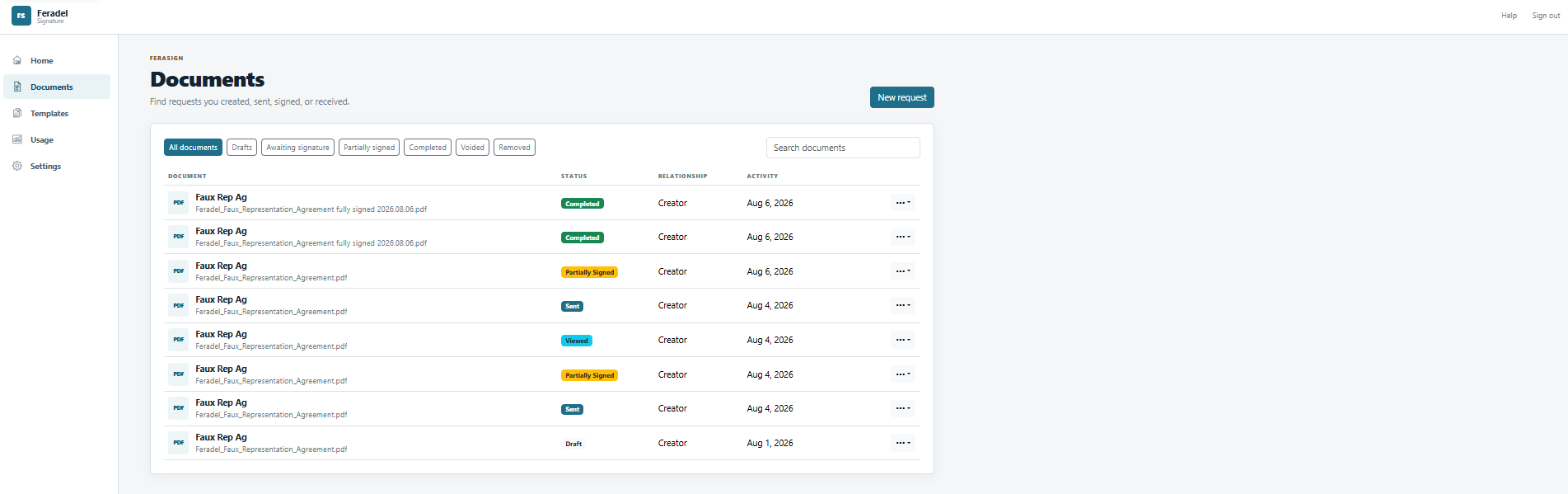 FeraSign Documents screen showing filters, search, statuses, relationships, and activity