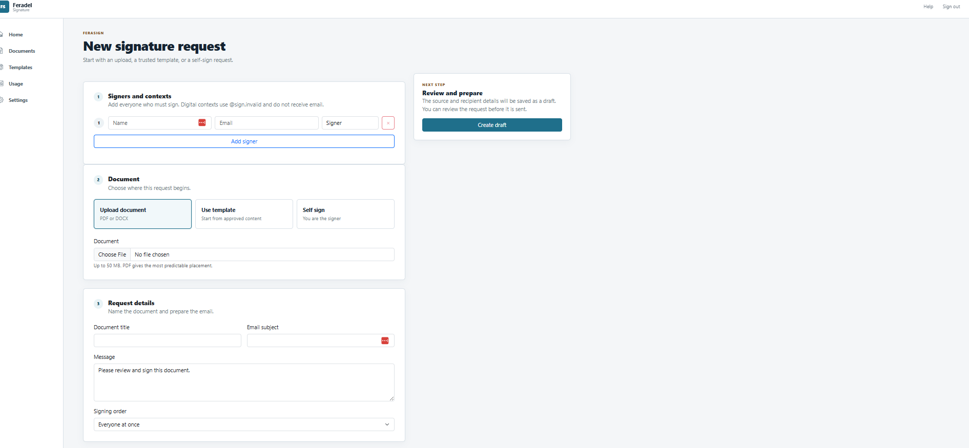 FeraSign new signature request screen with signers, document source, request details, and signing order
