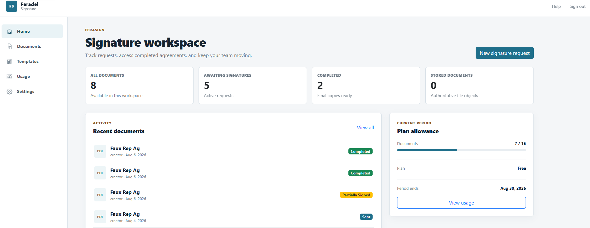 FeraSign Signature workspace with the New signature request button