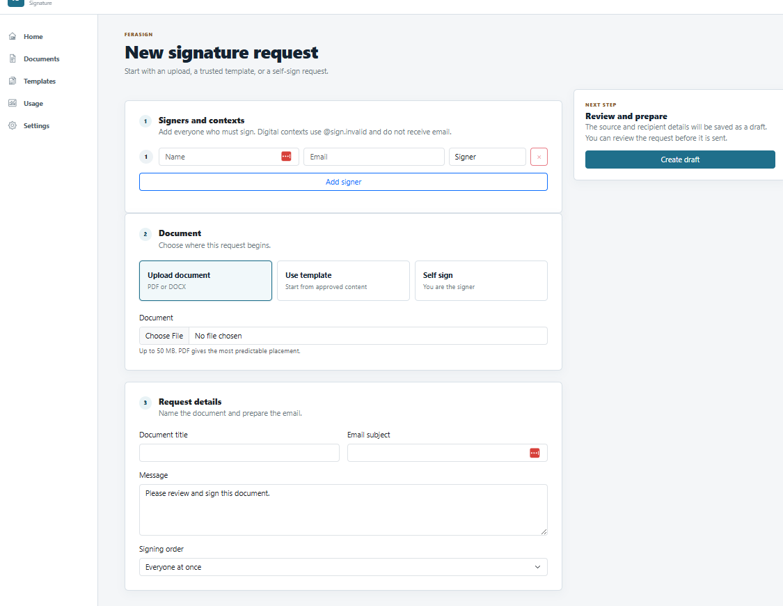 FeraSign New signature request screen